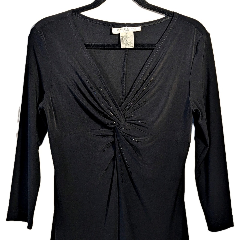 6 Womens Black 3/4 Sleeve Gathered Fit Flare V- Neck Dress Evan Picone - Picture 2 of 6